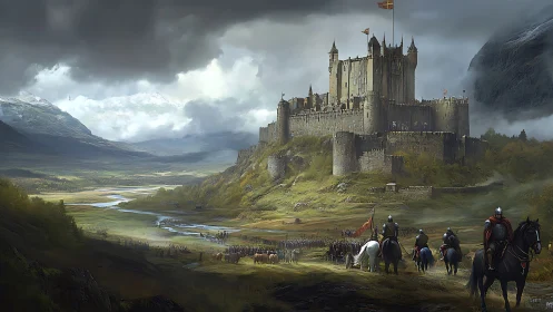 Medieval fortress dominates storm-lit valley before battle