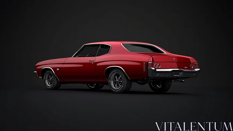 Crimson muscle car poised in the dark, ready to roll free.