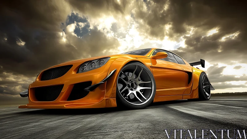 Lowered orange sports car roars under a dramatic storm sky