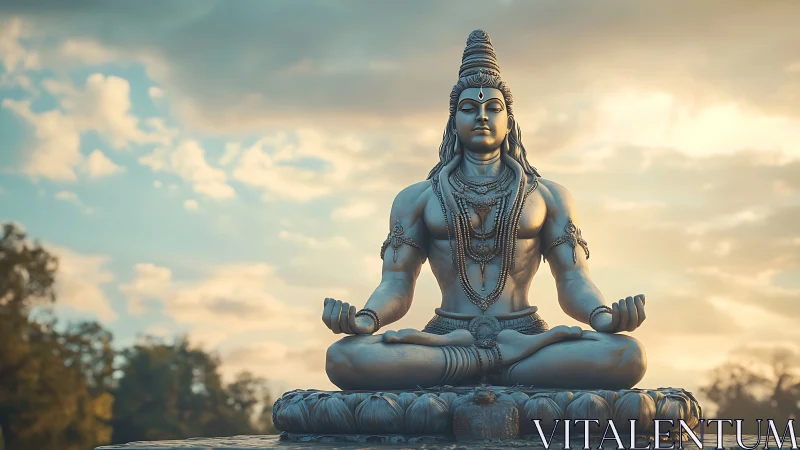 Serene Shiva statue in meditative pose at golden sunrise.