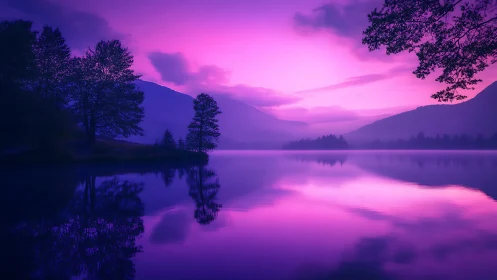 Purple twilight lake with still water and distant hills.