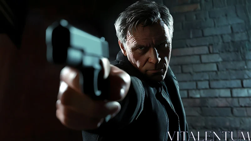 Shadowed stranger points pistol in tense brick alley scene.