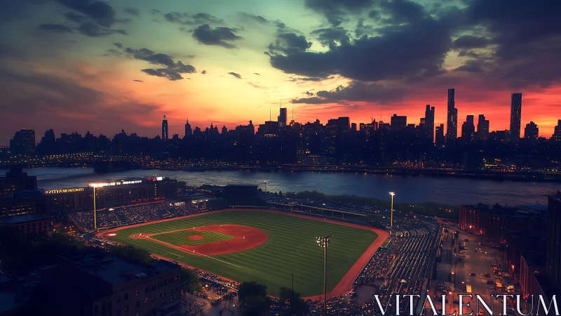 Twilight baseball stadium overlooking illuminated urban skyline.