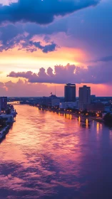 Urban riverfront skyline is viewed under multicolored sunset
