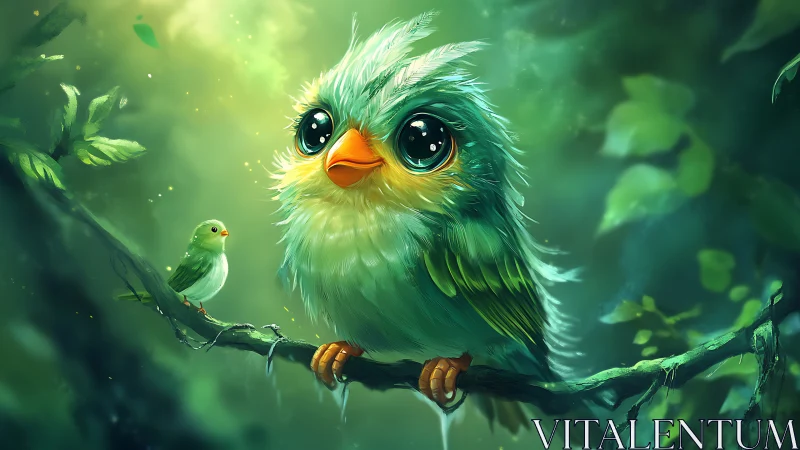 Adorable Cartoon Bird Duo on Branch in Lush Green Forest Setting.