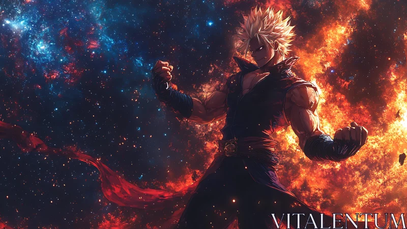 Blazing cosmic warrior stands strong in a storm of starlight