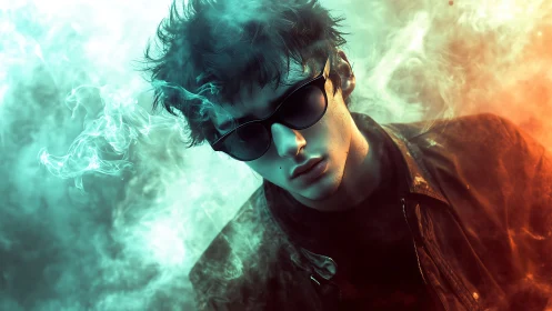 Chromatic smoke portrait with bicolor atmospheric lighting.