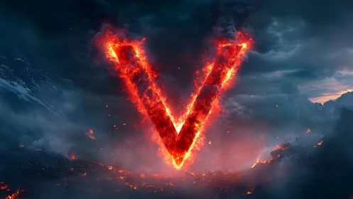 Blazing V of fire rising from a stormy volcanic world.