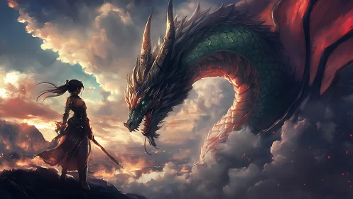Warrior stands before massive dragon above clouded sea