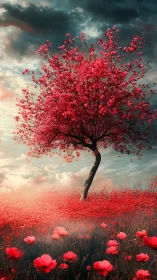 Crimson blossom tree over scarlet field at dusk.