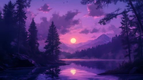 Purple twilight lake with mountains and forest silhouettes.