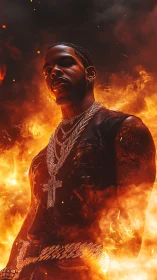 Man in Ornate Robes Surrounded by Inferno Flames.