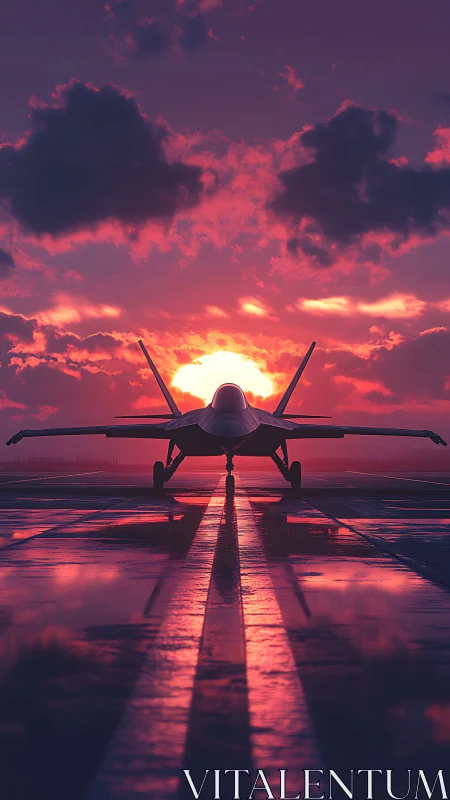 Stealth jet silhouette on wet runway at cinematic sunset sky.