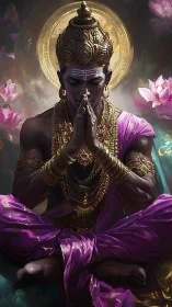 Digital painting of meditative deity in jeweled regalia and light halo.