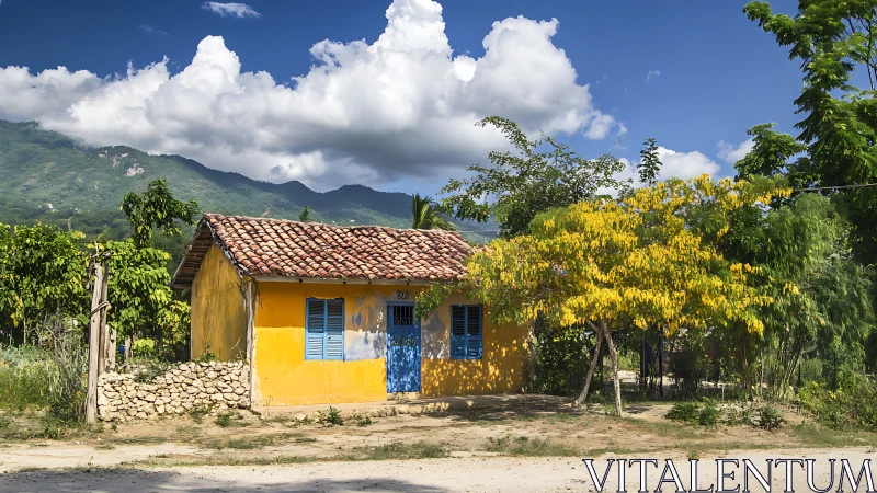 Yellow rural house with blue shutters under mountain sky.
