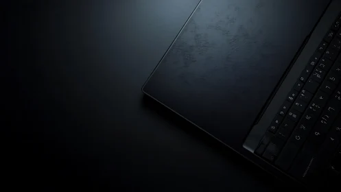 Black laptop keyboard and touchpad sit on dark surface