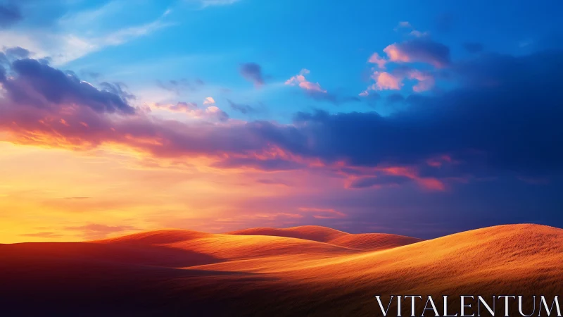 Radiant wheat dunes under high-saturation spectral sunset sky.