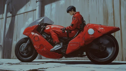 Cybernetic rider on streamlined red mono-shroud motorcycle chassis.