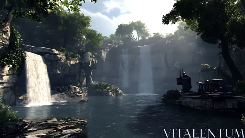 Canyon Waterfall Gorge with Cascading Waters and Industrial Excavator Equipment