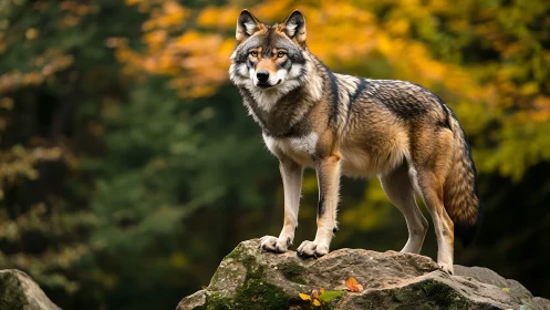 Autumn lookout wolf crowned by quiet forest golds.