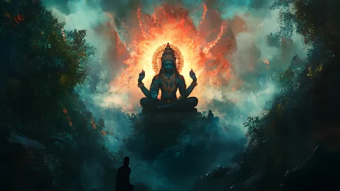 Central seated deity figure is framed by luminous atmospheric halo