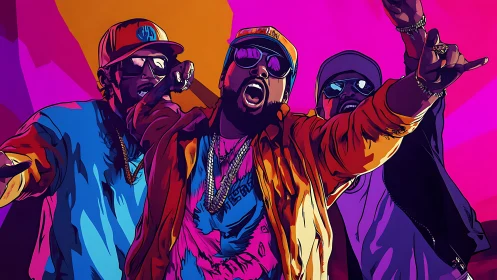 Neon hip hop trio command stage with explosive energy.