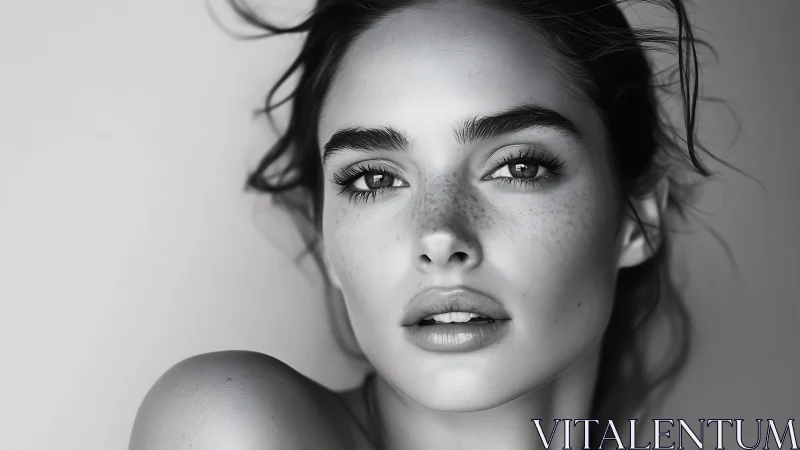 Soft-lit freckled portrait with quietly powerful gaze.