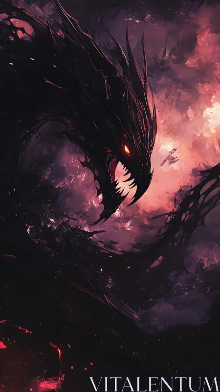 Dark winged dragon silhouette in red-tinged storm clouds.