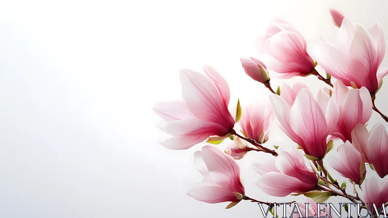 Pink Magnolia Flowers in Bloom Against White Background.