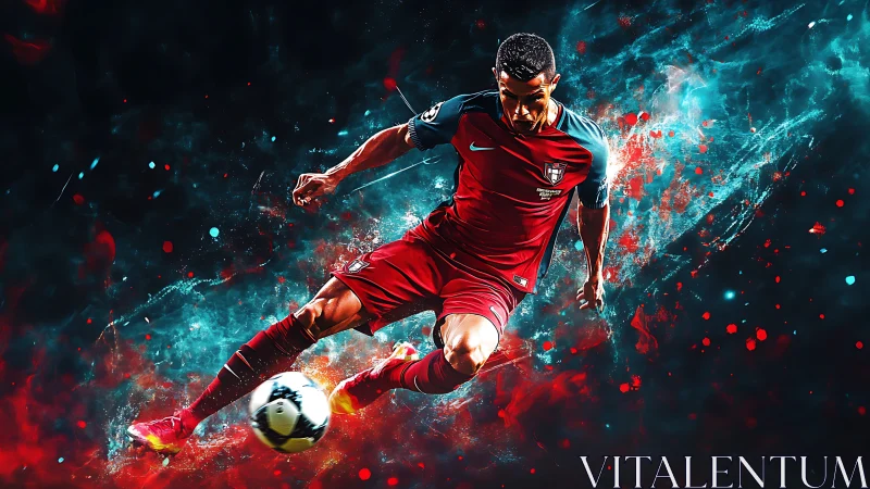 Dynamic football striker in red kit amid neon particle blast.