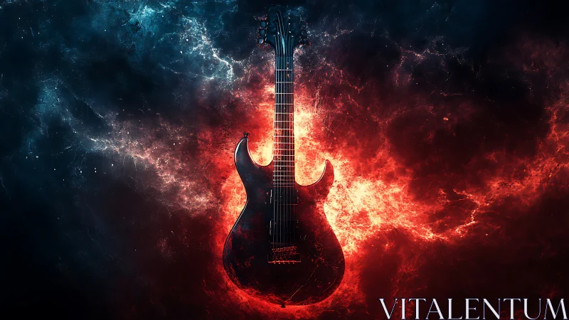 Firestorm guitar ignites in a cosmic clash of red and blue.
