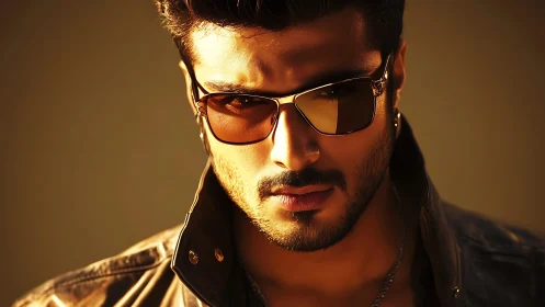 Moody cinematic portrait of man in reflective sunglasses.