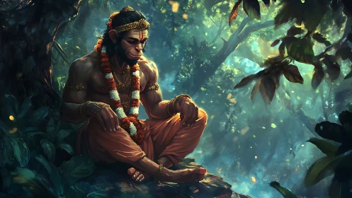 Mythological monkey figure in orange robes in forest setting.