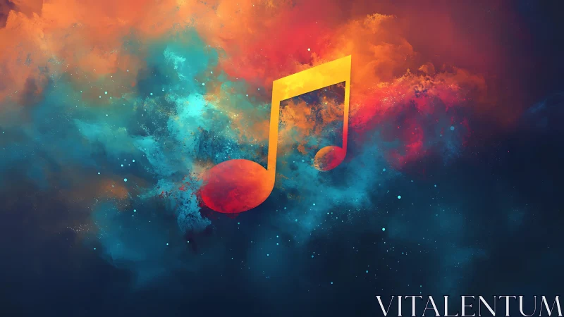 Vibrant musical note emerging from a chromatic nebula field