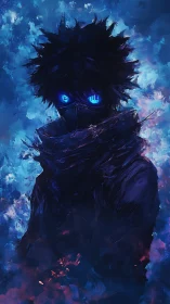 Masked figure with glowing blue eyes in swirling shadows