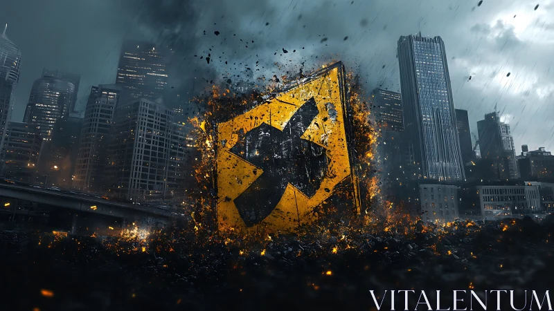 Explosive yellow shield emblem erupts amid stormy cityscape