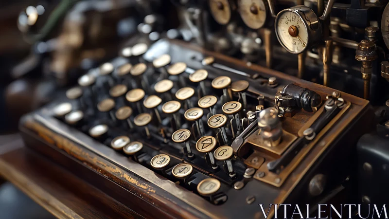 Vintage mechanical calculator with worn brass keys on desk.