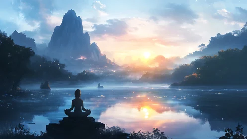 Digital painting of tranquil lakeside meditation at sunrise.