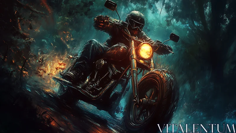 Midnight rider carving fiery trails through stormed forest.