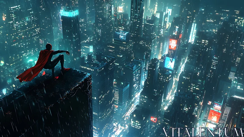 Cyberpunk vigilante over neon rain-soaked megacity skyline.