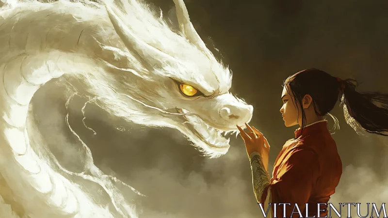 Woman touches luminous white dragon in dense swirling mist