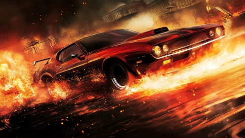 Red Muscle Car Engulfed in Flames and Destruction.