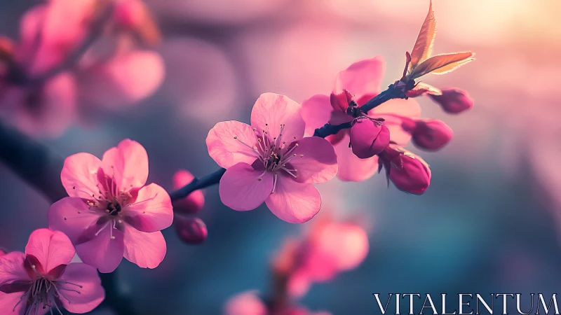 Pink blossoms glow against soft twilight haze.