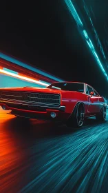 Red muscle car races through neon tunnel with motion blur