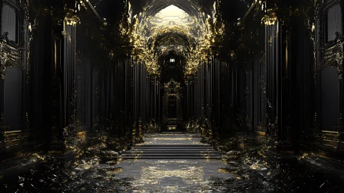 Golden ruin cathedral corridor soaked in digital twilight.