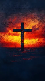 Cruciform horizon cuts through a storm of molten sunset fire