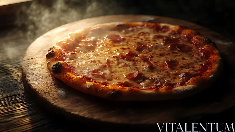 Wood-fired pepperoni pizza glows under dramatic warm light.