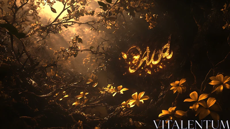 Golden forest glow cradling a hidden word of light.