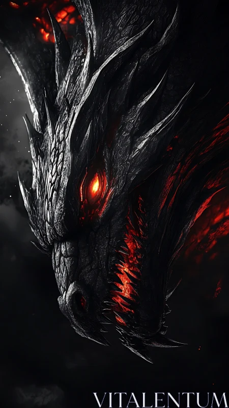 Molten-eyed dragon gazes through darkness with fiery power
