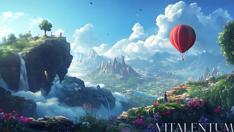 Expansive fantasy valley with hot air balloon and terraced florals
